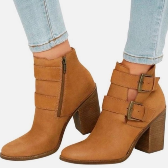 Steve Madden Boots Womens 8.5 Tan Leather Buckle Heel Boho Western Cowgirl Ankle - Picture 16 of 16